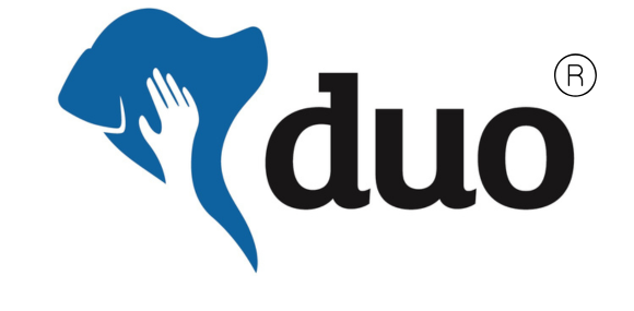 Duo Dogs logo. Silhouette of the head of a dog with a human hand petting the side. d u o written out with the trademark symbol in the upper right corner